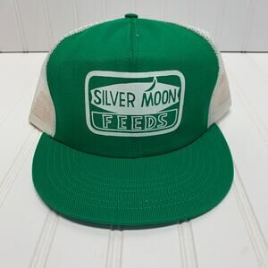 Vintage Made in USA Green White SnapBack Hat Silver Moon Feeds